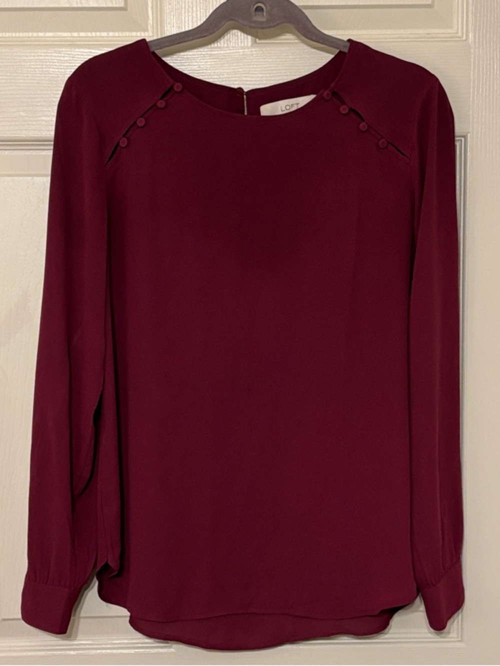 LOFT Deep Burgundy Button-Trim Long Sleeve Top